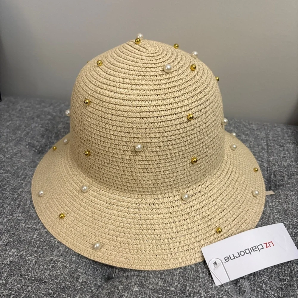 Liz Claiborne Cream Hat with Pearl and Gold Accents